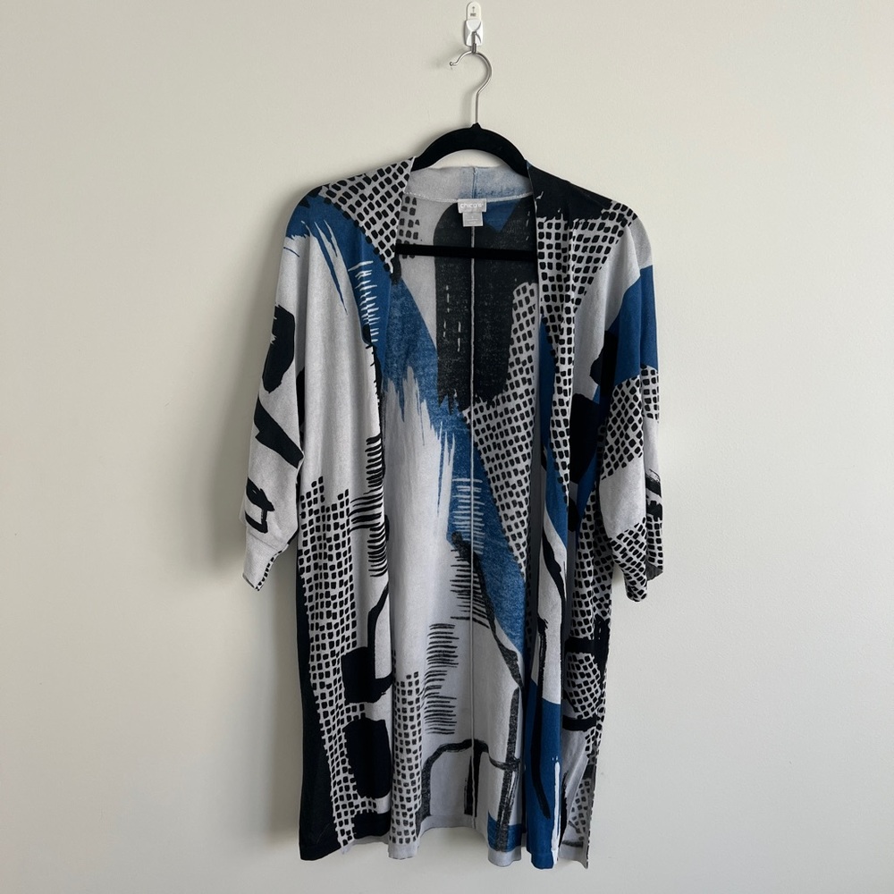 Chico’s Women’s Size 1 Open Front Sheer Duster Cardigan White/Black/Blue (4)